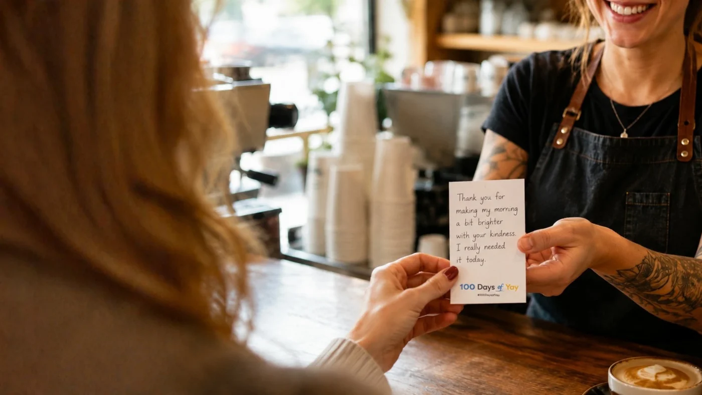 A handwritten Yay being passed to a café worker across the counter.