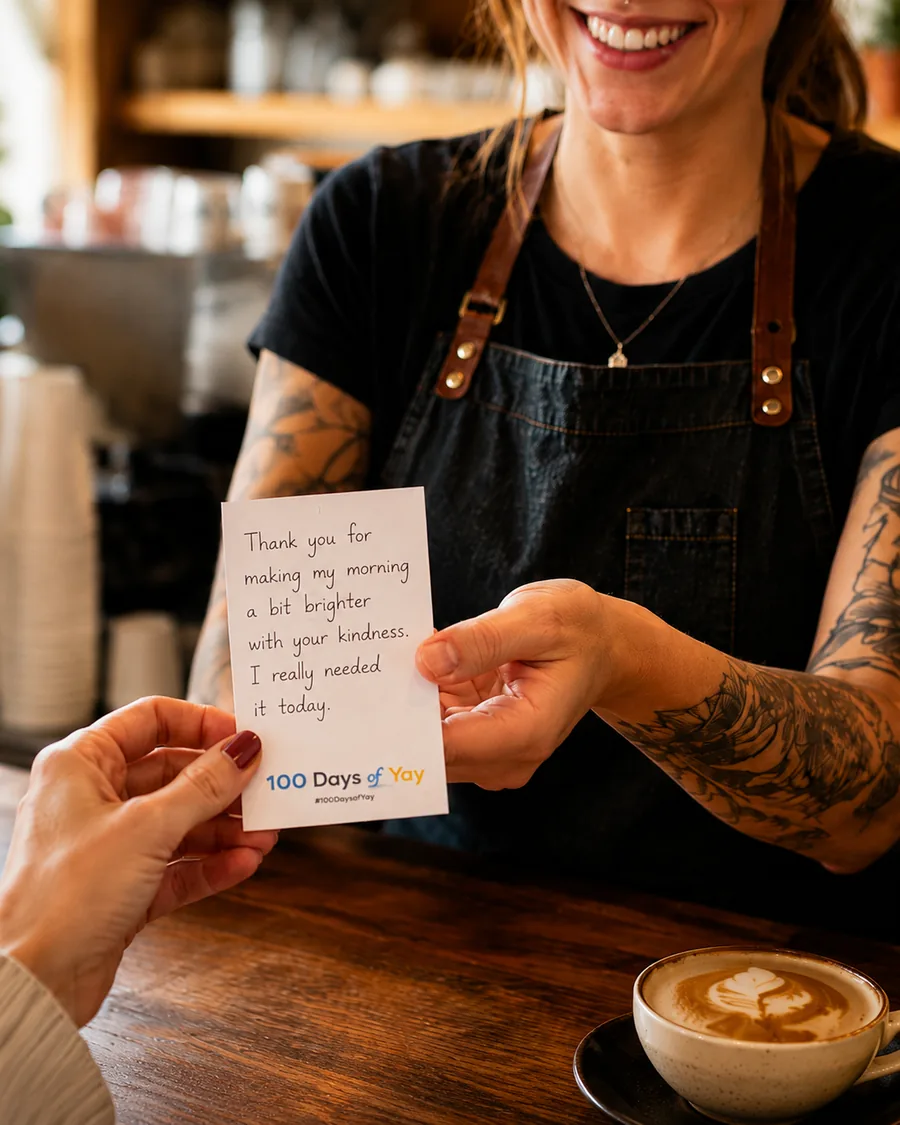 A handwritten Yay being passed to a smiling café worker across the counter.
